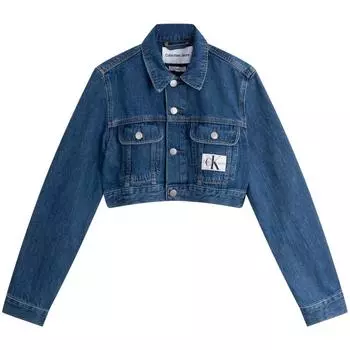 Calvin Klein Короткая джинсовая куртка из хлопка с надписью «Vintage Style Washed Letter Label», женские куртки, джинсовая, синяя, J223695 XS