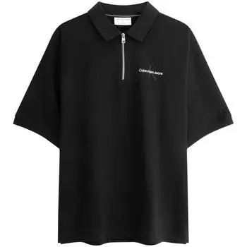 Calvin Klein Letter Вышитая полумолния Хлопок Свободная рубашка поло с коротким рукавом Мужские рубашки поло Space-Black J325369 XS