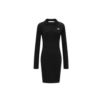 Calvin Klein Logo Slim Fit Knit Long Sleeve Dress Women Dress Black J220352-BEH