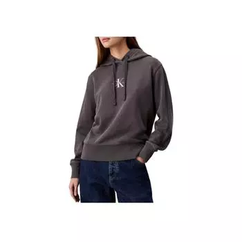 Calvin Klein Минималистичная удобная ребристая трикотажная хлопковая толстовка с капюшоном с буквами для женщин, толстовки с капюшоном, выцветшие, черные J20J223534-PT2 M
