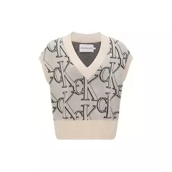 Calvin Klein Жаккардовый вязаный свитер без рукавов с V-образным вырезом, жилет, женские топы, серый J220099-ACF S