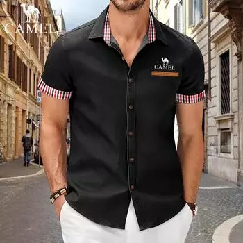 Camel 2024 Летняя модная мужская клетчатая рубашка с коротким рукавом в деловом стиле, приталенная повседневная рубашка с коротким рукавом S