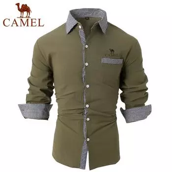 Camel Новая мужская рубашка из хлопка и льна в клетку в стиле пэчворк, мужская повседневная рубашка с длинными рукавами и вышивкой S