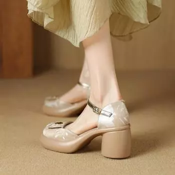 Camellia bag head sandals women s summer wear 2024 new soft leather waterproof table thick heel high heels fresh 35 шампанского