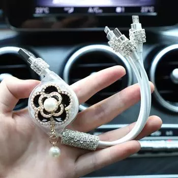 Camellia Flower Retractable 3 в 1 Автомобильное зарядное устройство Rhinestone Diamond Crystal 3 в 1 USB-кабель для быстрой зарядки Автомобильные аксессуары чёрный