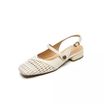 Camellia leather woven middle heel sandals women s bag head summer new retro one-word belt hollow thick heel shoes 35