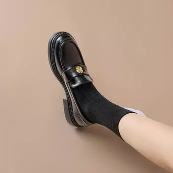 Camellia Love ~ Женские кожаные мокасины в британском стиле на толстой подошве с золотистой пряжкой, осень 2023 г. 38 чёрный