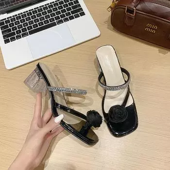 Camellia set toe high heel cool slippers women s summer new rhinestone fashion crystal and slippers women 35