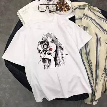 Camera Girl Harajuku футболка женская летняя Take Po Camiseta Mujer Ulzzang топы графическая футболка 2XL белый