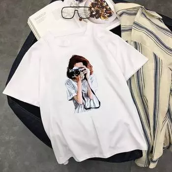 Camera Girl Harajuku футболка женская Wegoe белая летняя Camiseta Mujer Ulzzang топы графическая футболка M белый