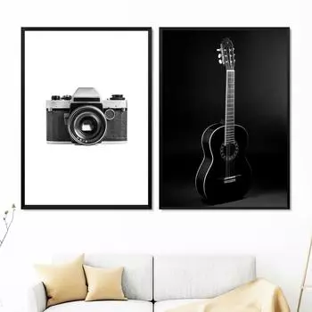 Camera Guitar Black White Photo Canvas Painting Nordic Posters Prints Wall Art Pictures For Scandinavian Living Room Home Decor 21X30cm No Frame