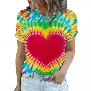 Camiseta colorida com estampa 3d de amor, moda feminina, gola redonda, manga curta, camisetas arco-ris, roupas de grandes dimenses, Elegantes XXS
