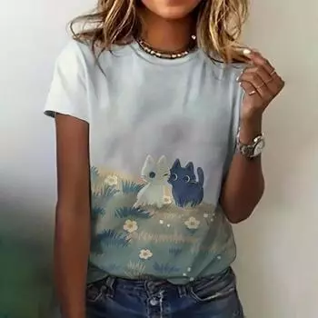 Camiseta De Cuello Redondo Para Mujer, Camiseta De Manga Corta Con Estampado De Gato, Top Bonito, Ropa Informal Holgada, Camiseta Elegante Para Mujer S