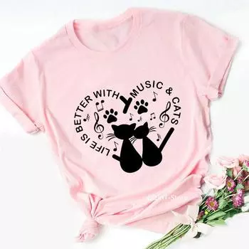 Camiseta De Gato Con Nota Musical Negra Para Mujer, Blusa Rosa Para Mujer, Camiseta Con Estampado De Gatito Encantador, Camiseta Para Mujer S