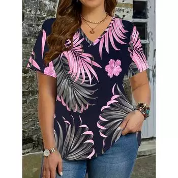 Camiseta mujer verano повседневный элегантный простой cuello pico de manga corta planta тропический топ ropa повседневный suelta seoras camiseta XS
