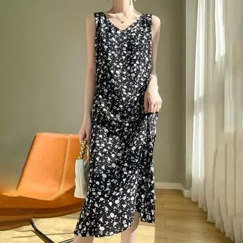 Camisole Dress Summer Loose Fancy Silk L39 black and white flowers 4XL