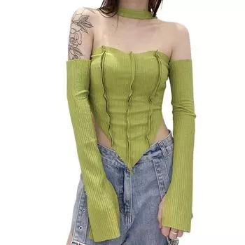 Camisole Hanging Neck T-shirt Y2K Long Sleeves Irregular Vest Off Shoulder Short Crop Top Club M чёрный