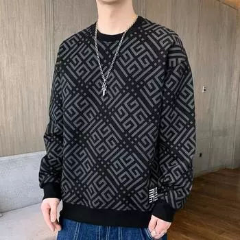 Camouflage Plaid Shirt Long-sleeved Youth Trendy Sweatshirt Base Shirt Autumn and Winter Loose Round Neck Large-size Pullover Top M