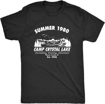Camp Crystal Lake 1980 Жуткий Хэллоуин Графическая новинка Забавная мужская футболка Футболки для походов на открытом воздухе Групповая одежда Подарочные винтажные топы S