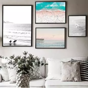 Camper Van Beach Print Surf Art Boho Декор Ретро Черно-белый плакат с калифорнийским океаном и принтами Современные фотографии для гостиной без рамки 21*30cm