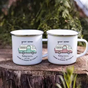 Campervan Enamel Coffee Mugs Couple Travel Name Custom Cups His and Hers Retro Caravan Personalised Camper Van Gifts Present 360ml