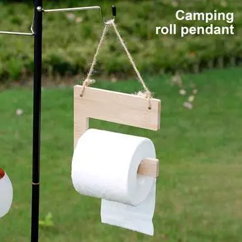 Camping Hanging Roll Paper Holder with Carabiner Outdoor Picnic BBQ Wooden Toilet Paper