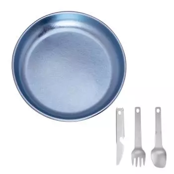 Camping Plate with 3 PCS Suit Integrated Tableware Titanium Plate BBQ Plates Metal Camping Plates S Ice Crystal Blue Ice Crystal S