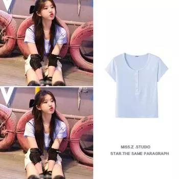Can t Hide Zhao Lusi Sangzhi s Same Style French Simplicity Loose Temperament Short-Sleeved T-shirt Women s Top Summer New Light blue Tops S
