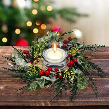 Candle Ring Mini Wreath Kitchen Cabinet Red Berries for Dinner Banquet Faux Pine Cypress
