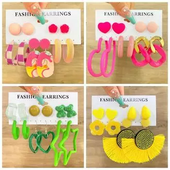 Candy Color C-shaped Circle Hoop Earring Sets Fashion Big Geometric Drop Earrings Beach Tourism Style 8