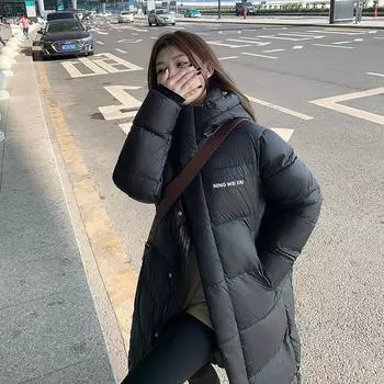 Cangzhou хлопковая одежда женская средней длины новая свободная хлопковая куртка с капюшоном утолщенное нишевое хлопковое зимнее пальто M чёрный