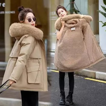 Cangzhou Pie превосходит женскую утолщенную корейскую версию талии куртки стеганые куртки обтягивающие стеганые куртки стеганые большие карманы меховой воротник хлопок M хаки