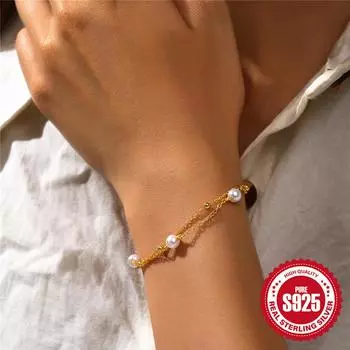 Canner 925 стерлингового серебра 1шт модный двухслойный браслет с подвесками из жемчужин 18 карат с золотым покрытием для женщин подарки на день рождения модные милые ювелирные изделия подарок золотой