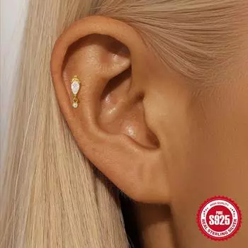 Canner S925 Sterling Silver 1PC Trendy Marquise Stud Earrings Flat Back Cartilage Earrings Helix Earrings Hypoallergenic Piercing Bride Jewelry Gift золотой