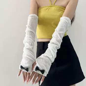 Cano Xiucai 2025 Summer New Bow Thin Gloves Women Sun Protection Oversleeve Y2g Wear Arm Sleeves White One size