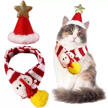 CANPLUS комплект из 2 предметов, рождественская шапка для собак и кошек, кашне, одежда для кошек, одежда для собак, защита от холода для маленьких собак, одежда Санты, милый костюм для домашних животных, подарок