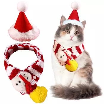 CANPLUS Set Christmas Dog Cat Hat Muffler Cat Clothes Dog Clothes Small Dogs Cold Protection Santa Clothes Cute Pet Supplies Costume Present Gift красный