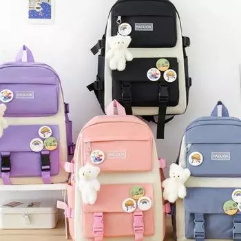 Холщовый рюкзак для женщин, большой емкости, комплект из пяти предметов, рюкзак для учащихся средней школы, студент колледжа розовый