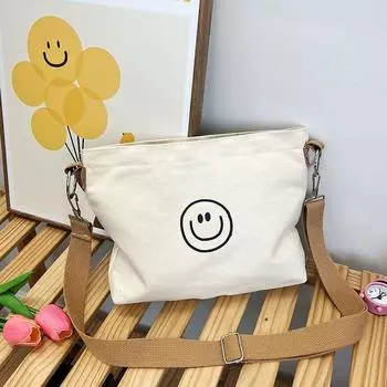 Canvas Bag for Women New Arrival Minimalist Fashion All-Match Small Cloth Bag Work Commuter Bag Artsy Smiley Face Shoulder Messenger Bag Mi Bai Smiling Face