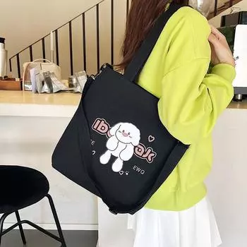 Canvas bag Internet celebrity shoulder bag College student class bag Large capacity cartoon printed canvas bag Crossbody bag чёрный