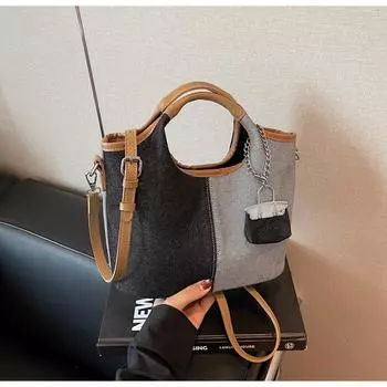 Canvas bag women s large-capacity new summer versatile contrasting color splicing messenger bag premium bucket bag чёрный