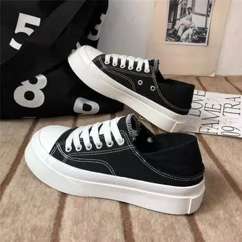 Canvas Black Ladies Shoes Lace Up Flat Women Footwear Original Korean Fashion 2024 on Offer Y2k Autumn High Quality Trends Urban 35