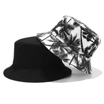 Canvas Fisherman Hat Men and Women Tide Printing Coconut Tree Double-sided Wear Basin Hat Outdoor Outing Sun Hat чёрный