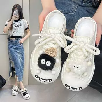canvas half slippers women s 2024 summer Korean version outer wear thick bottom trend light one pedal non-slip bag head sandals tide 35 чёрный