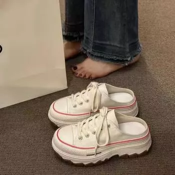 Canvas half slippers women s spring and summer new thick-soled one-pedal women s shoes round head student lazy leisure board 35