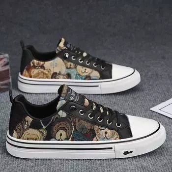 Canvas men s shoes 2025 spring and autumn breathable one-pedal printed casual board shoes thin waterproof soft-soled sports trendy shoes 39 чёрный