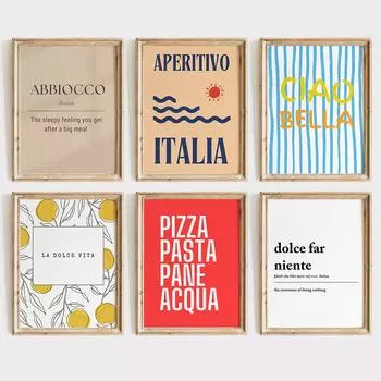 Печать на холсте Картина Плакат La Dolce Vita Настенная картина Лимон Скандинавский итальянский аперитив Пицца Паста Еда Цитата Искусство Декор кухни 21x30cm No Framed