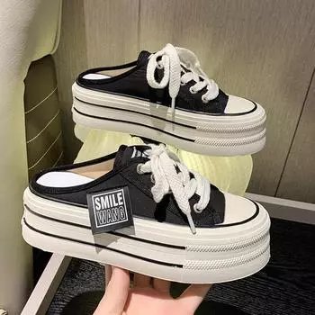 Canvas semi-slippers women s summer wear new Internet celebrities high sense heeless lazy slippers 35 чёрный