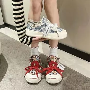 Парусиновые туфли, детская весенняя новая обувь с толстой подошвой, большая голова, уродливые милые туфли, универсальные туфли для студентов, белые туфли в стиле Гонконга 35 красный