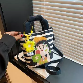 Canvas Small Bag 2025 New Cute Cartoon Painting Bag Girl Carrying Bucket Bag All-Match Shoulder Messenger Bag Black